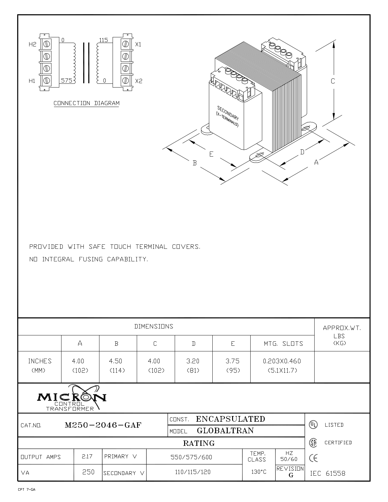 Micron Industries B250-2046-GAF Specification Sheet