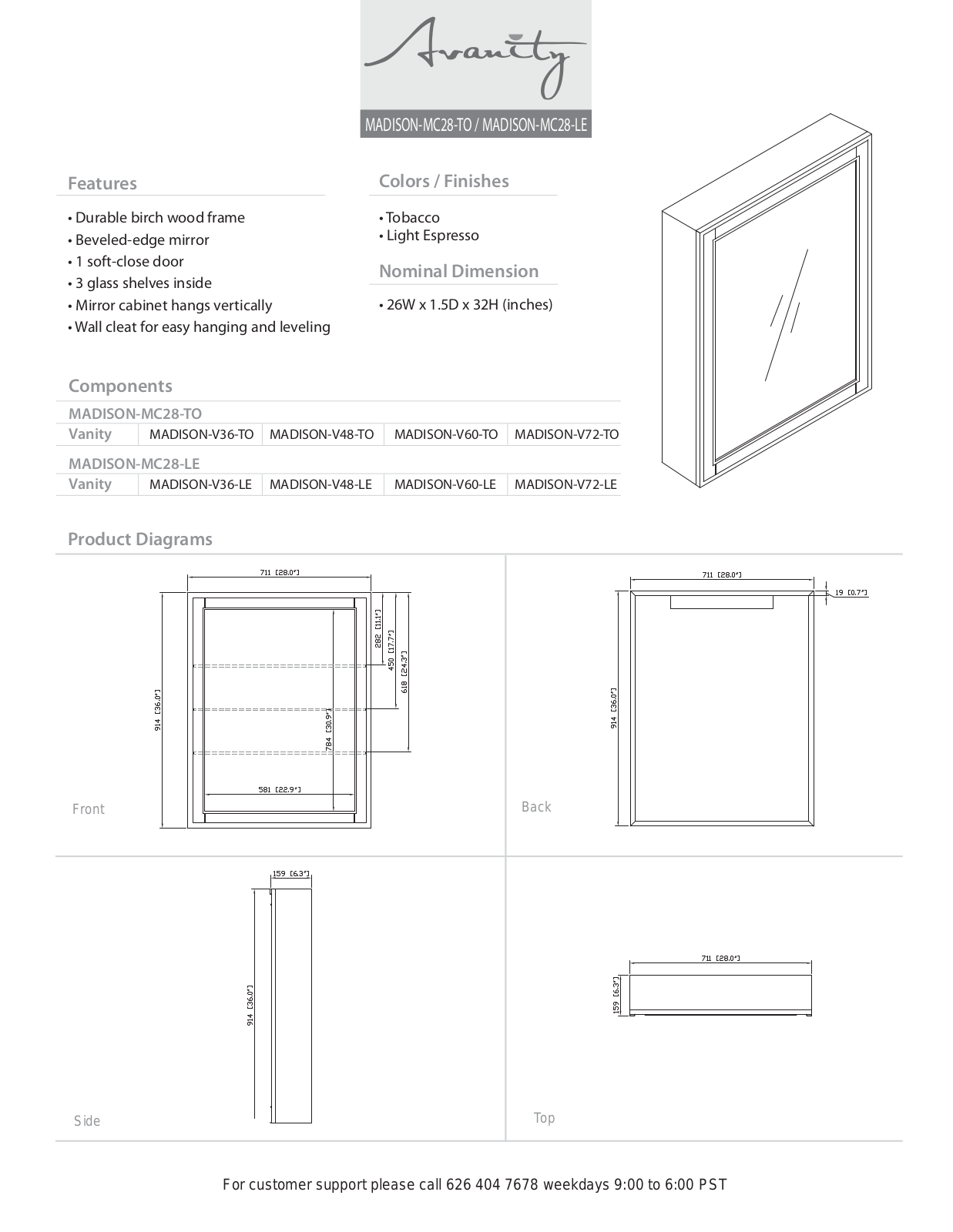 Avanity MADISONMC28TO Specifications