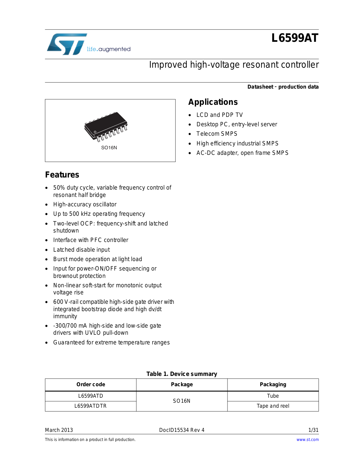 STMicroelectronics L6599AT, L6599ATD, L6599ATDTR User guide