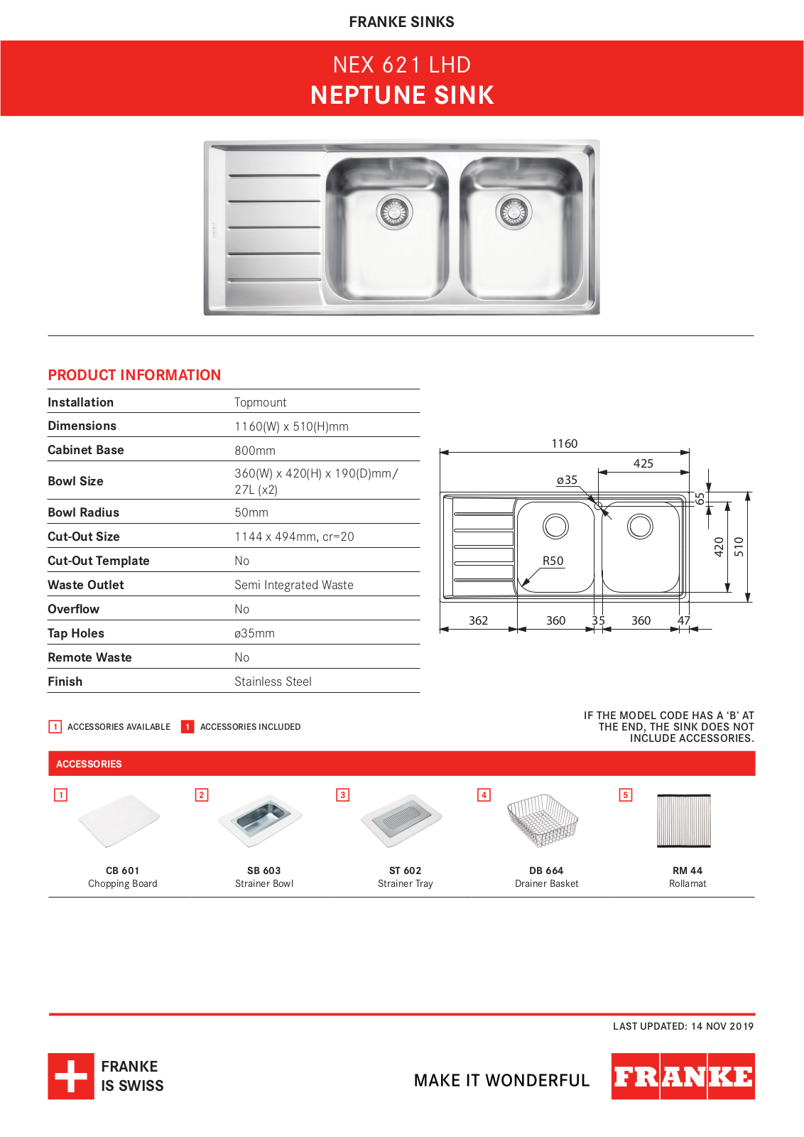 Franke NEX621LHD Specifications Sheet