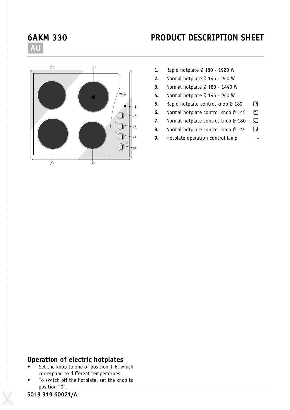 Whirlpool 6AKM 330 PRODUCT DESCRIPTION SHEET