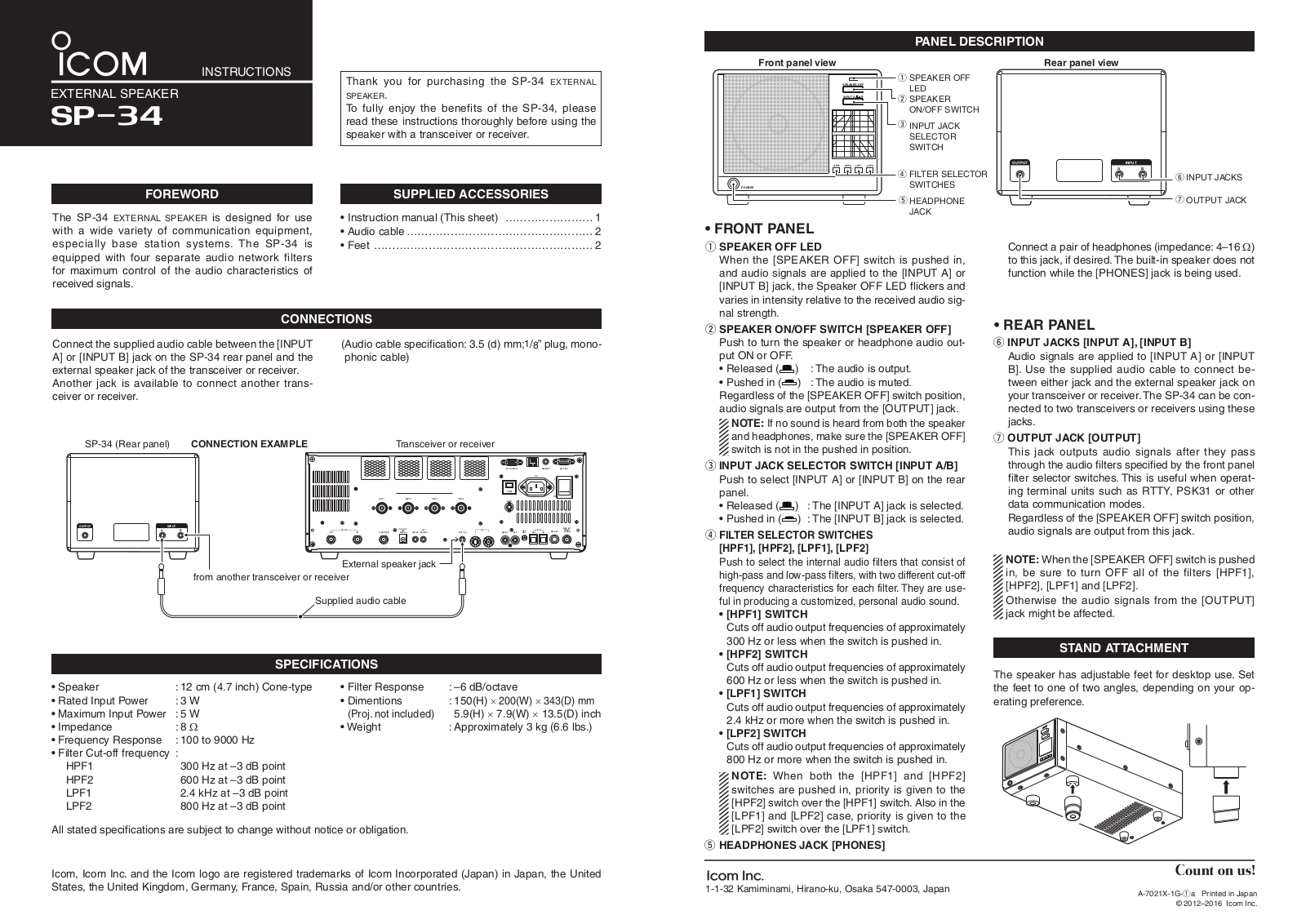 Icom SP-34 Instructions Manual