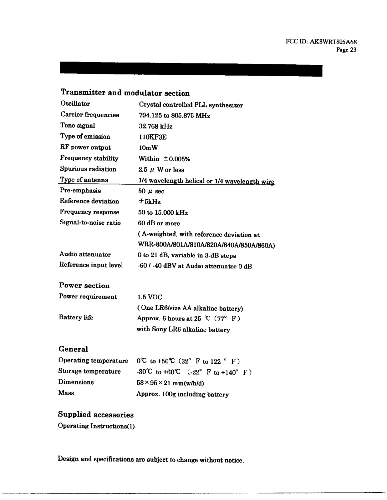 Sony WRT805A68 User Manual