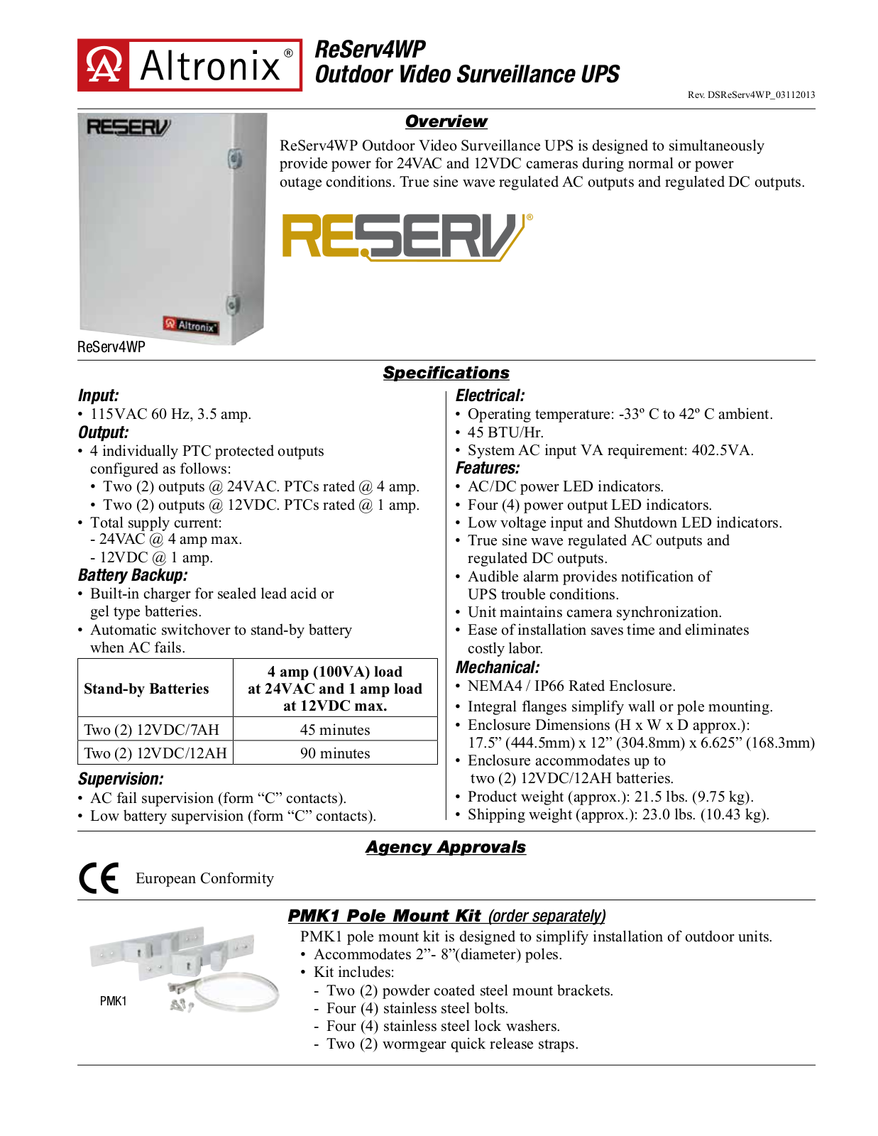 Altronix ReServ4WP Data Sheet