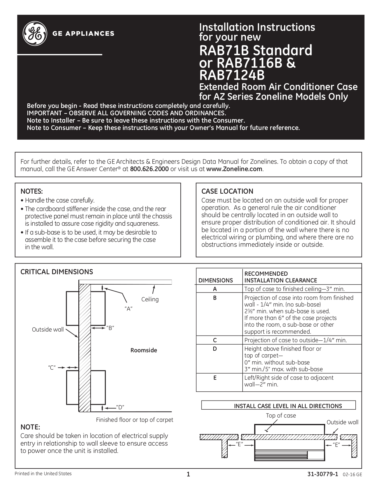 GE RAB7118B, RAB7116B Installation manual