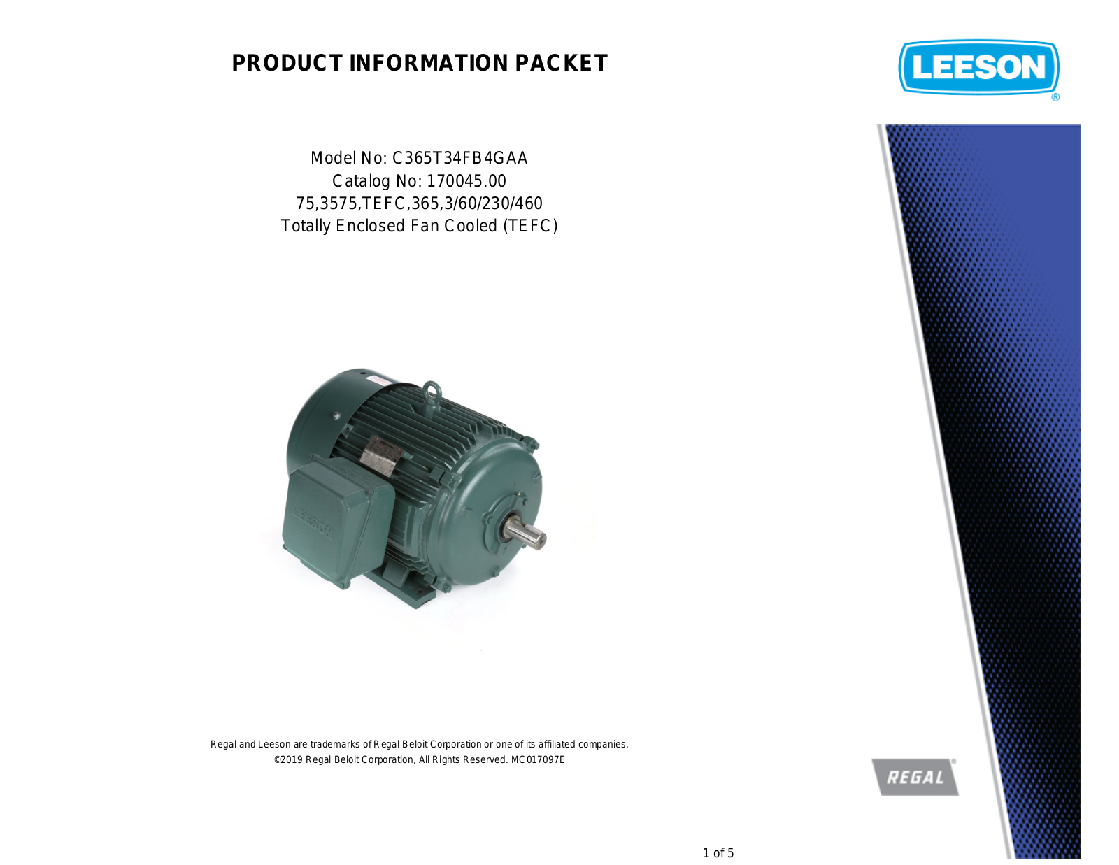 Leeson 170045.00 PRODUCT INFORMATION PACKET