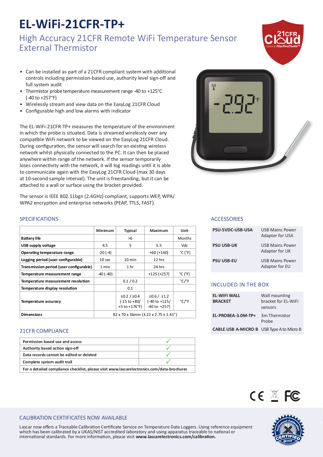 Lascar EL-WIFI-21CFR-TP+ Data Sheet