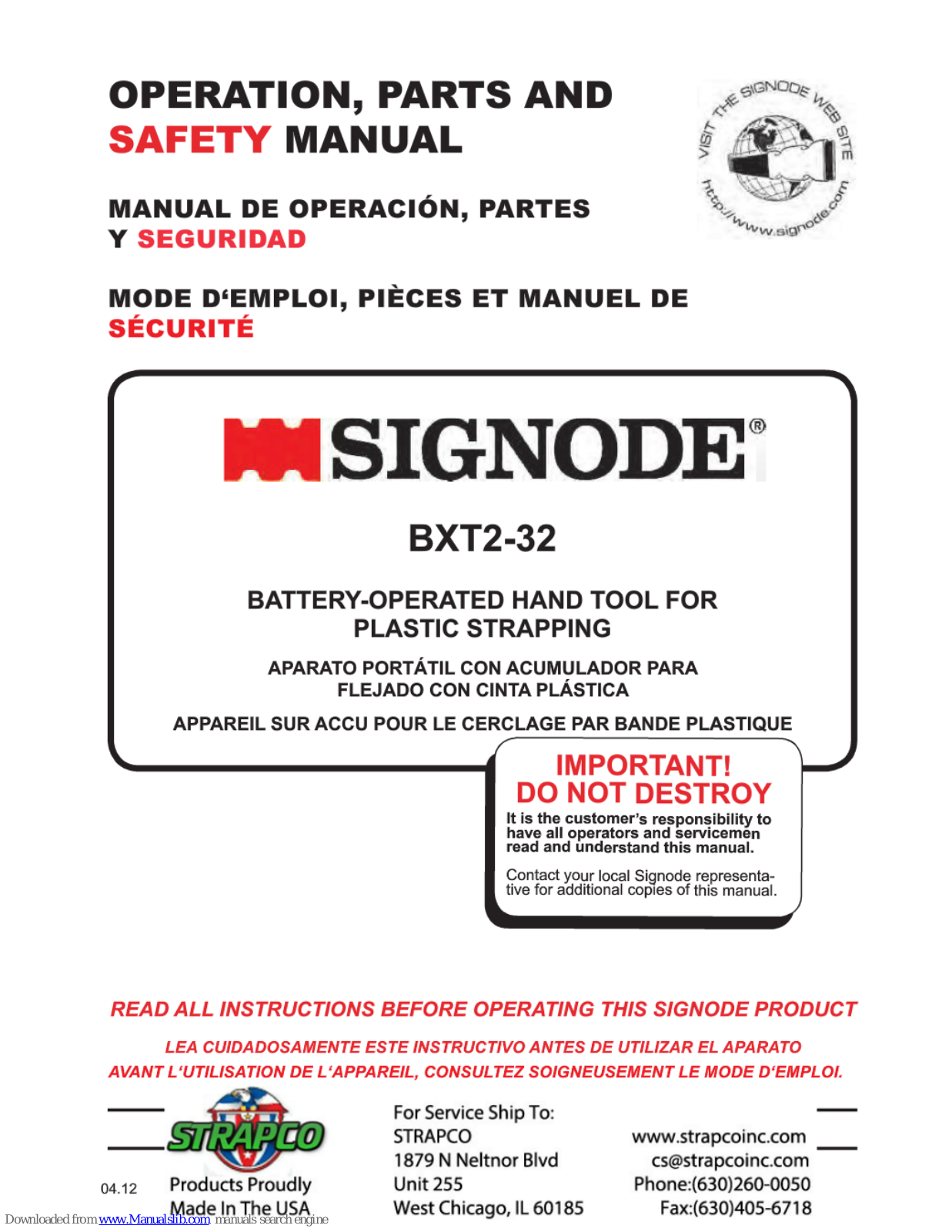 Signode BXT2-32 Operation, Parts And Safety Manual