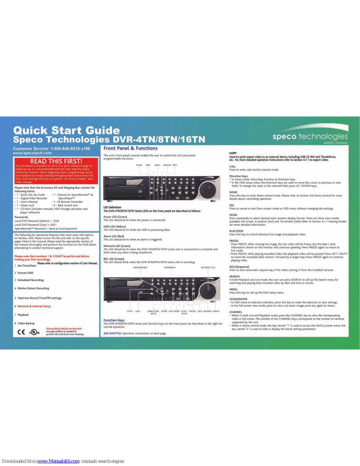 Speco 4TN, DVR-4TN, DVR-8TN, DVR-16TN Quick Start Manual