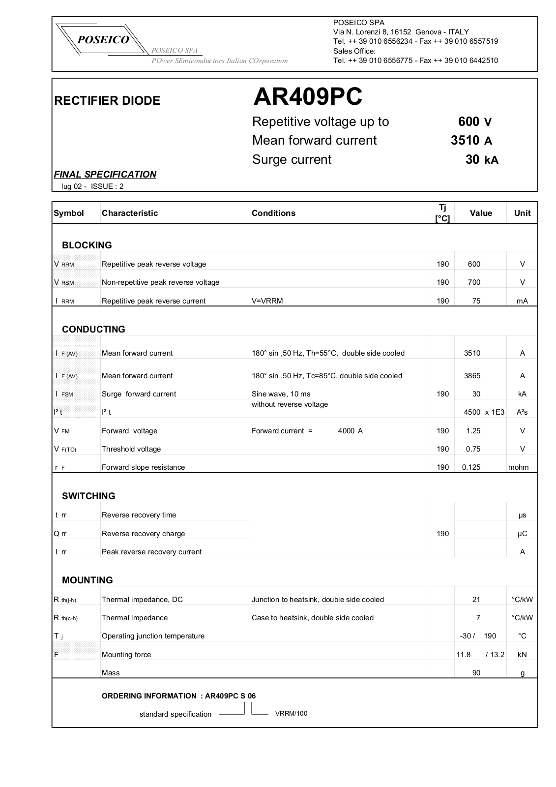 POSEICO AR409PCS06 Datasheet