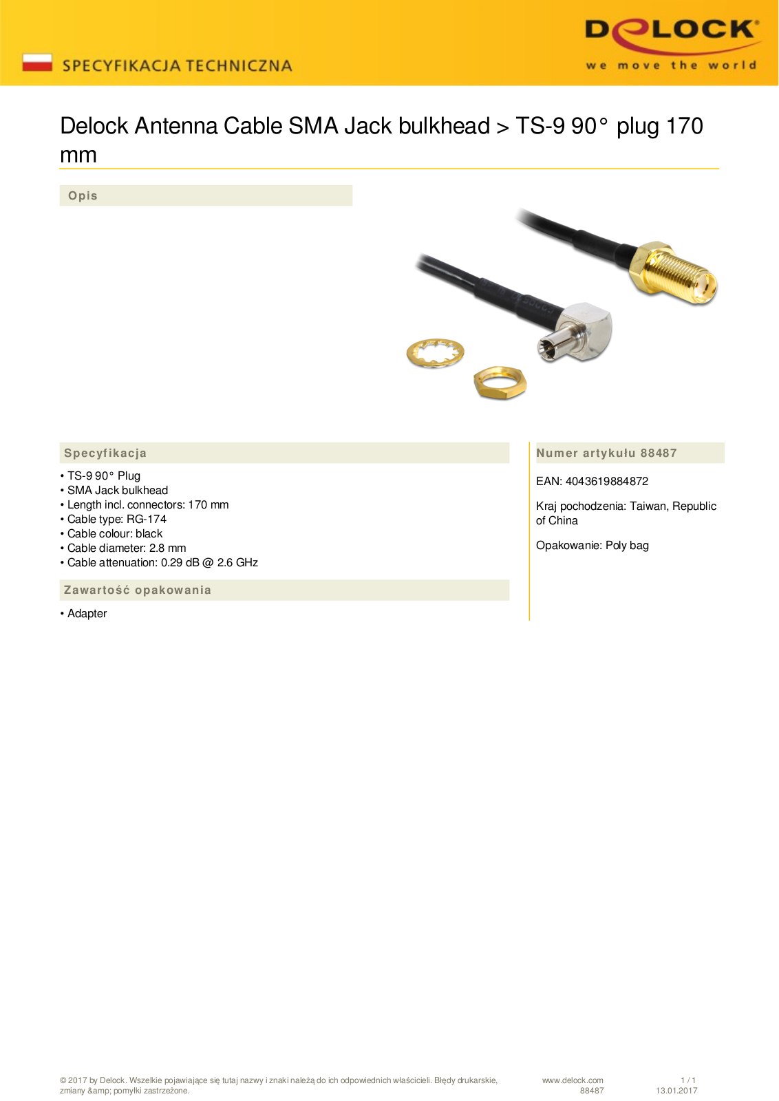 DeLOCK coaxial cable SMA on TS9 angled User Manual