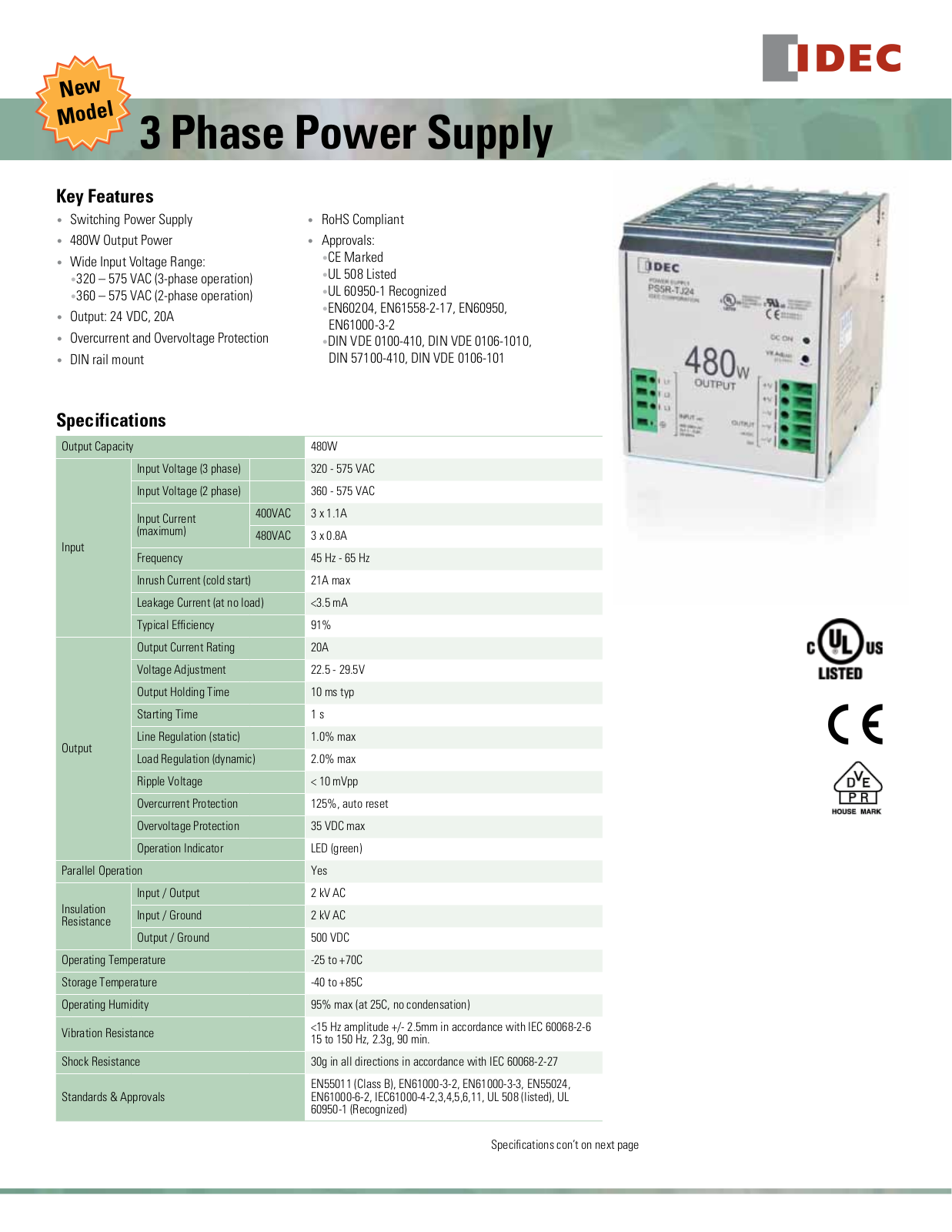 IDEC 3 Phase Power Supply Data Sheet