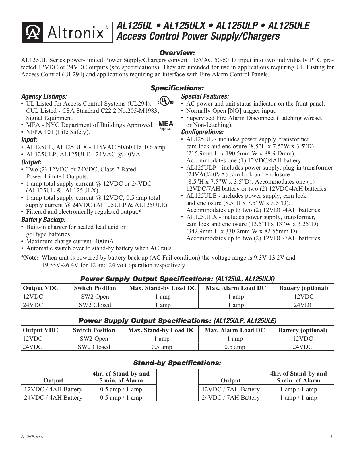 Altronix AL125ULE Installation Manual