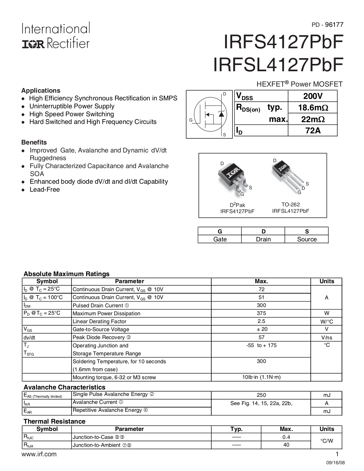 Datasheet IRFS4127PBF Datasheet - ManualMachine.com