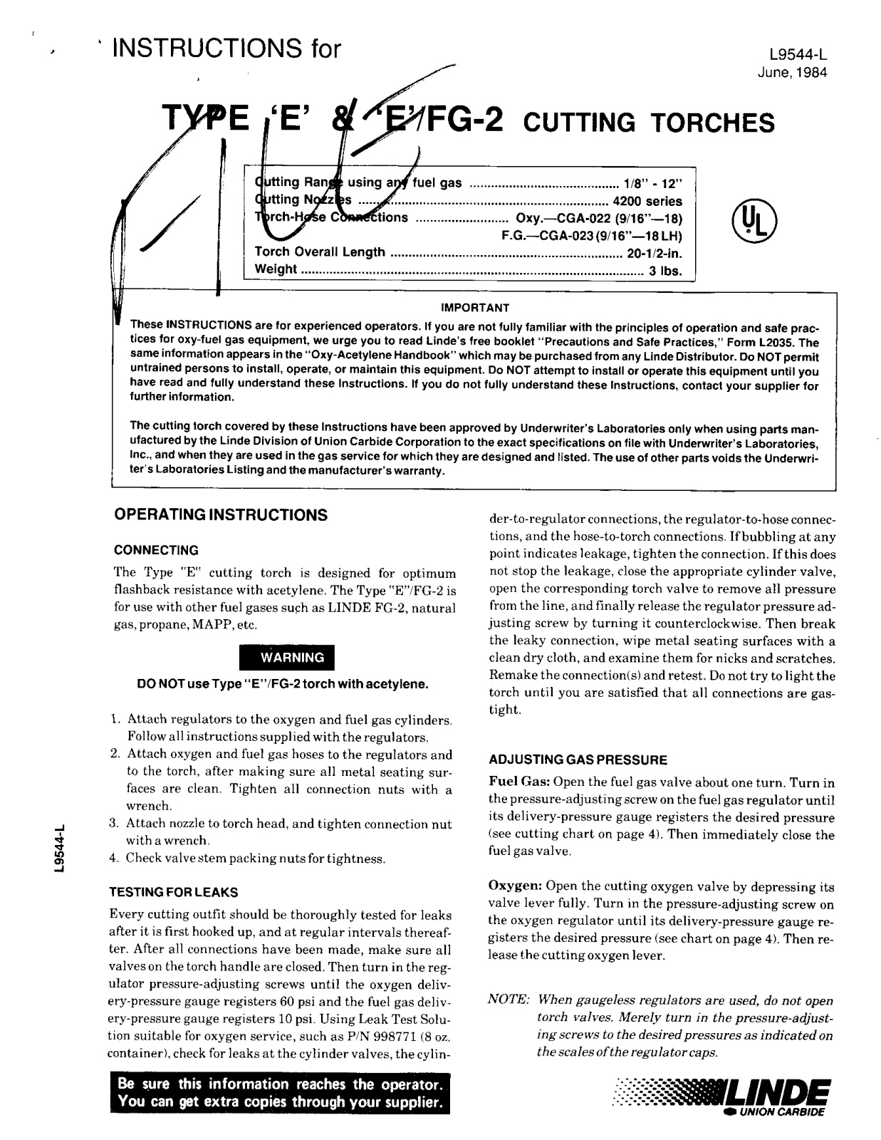 Linde Type 'E' & 'E'/FG-2 Cutting Torches Troubleshooting instruction