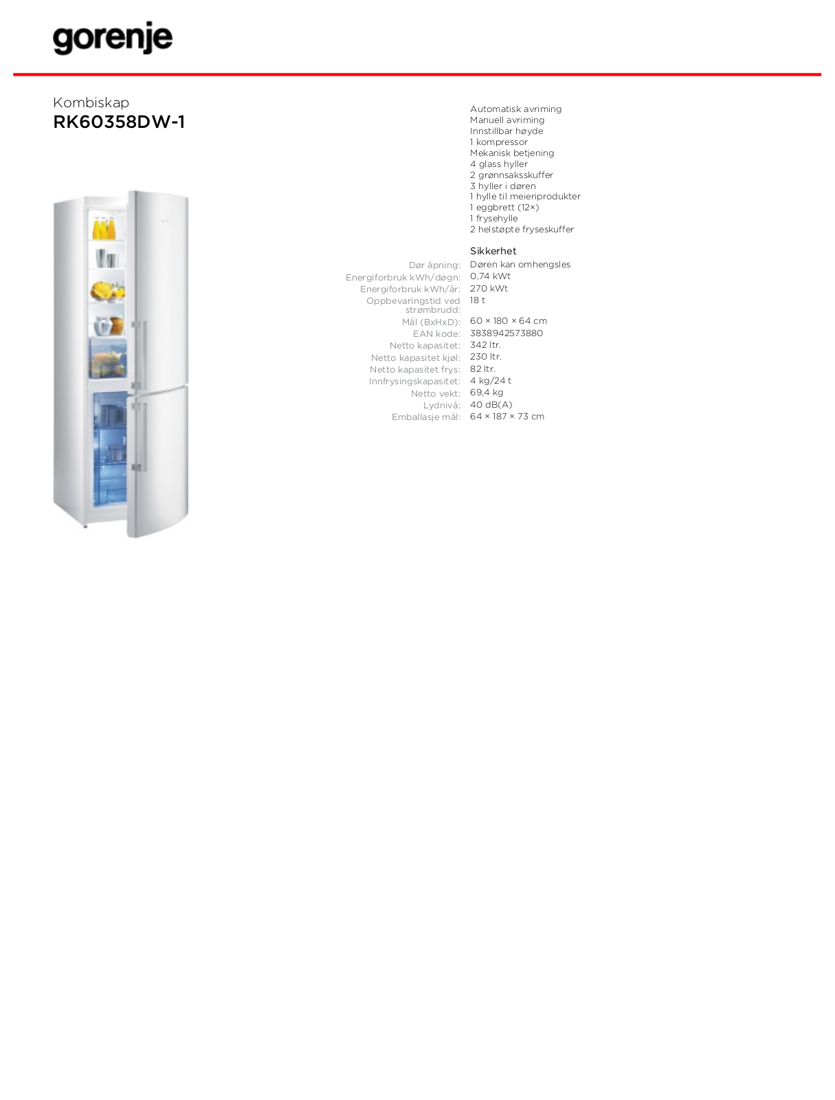 Gorenje RK60358DW-1 DATASHEET