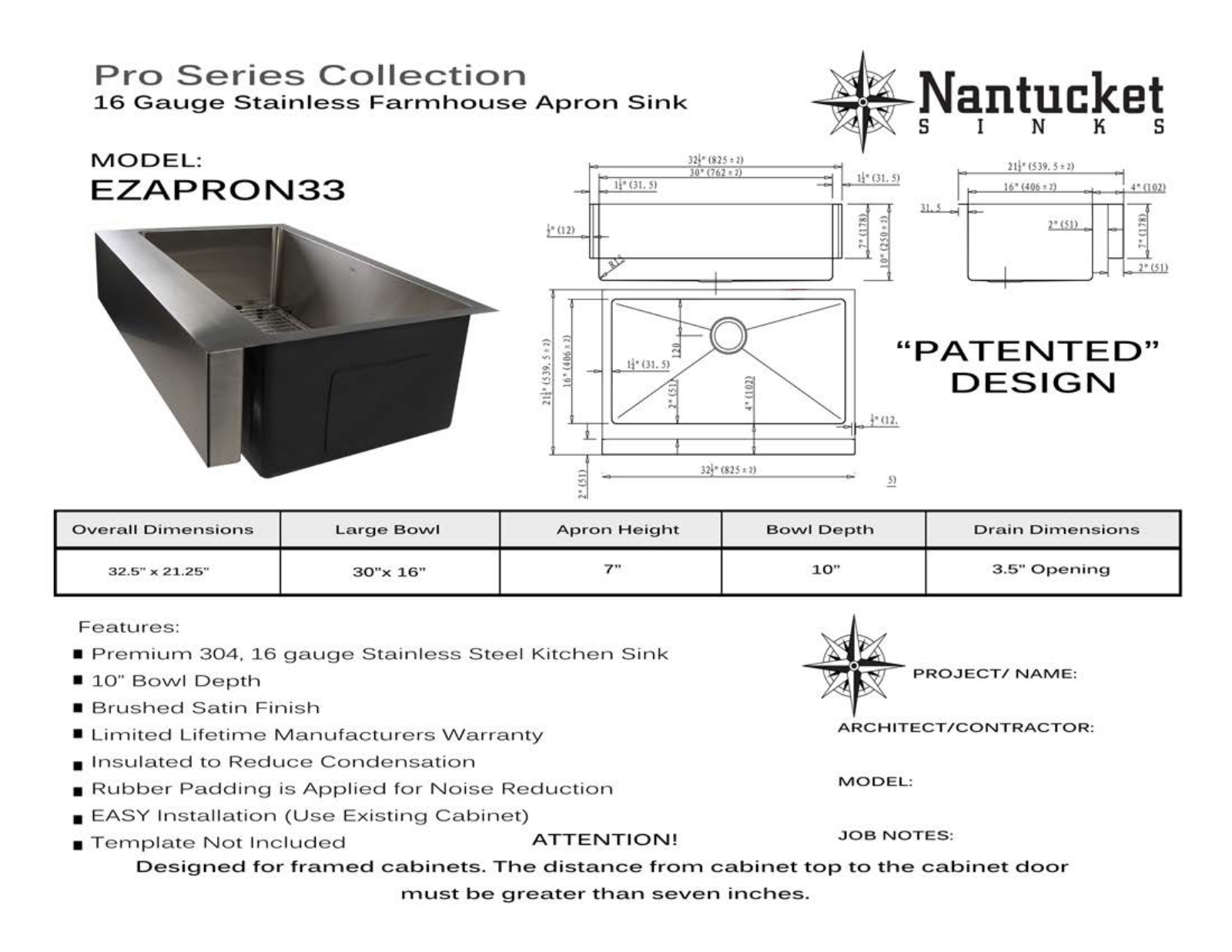 Nantucket Sinks EZAPRON33 Specs