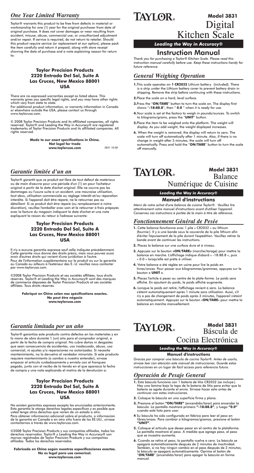 Taylor Thermometer 3831S Installation  Manual