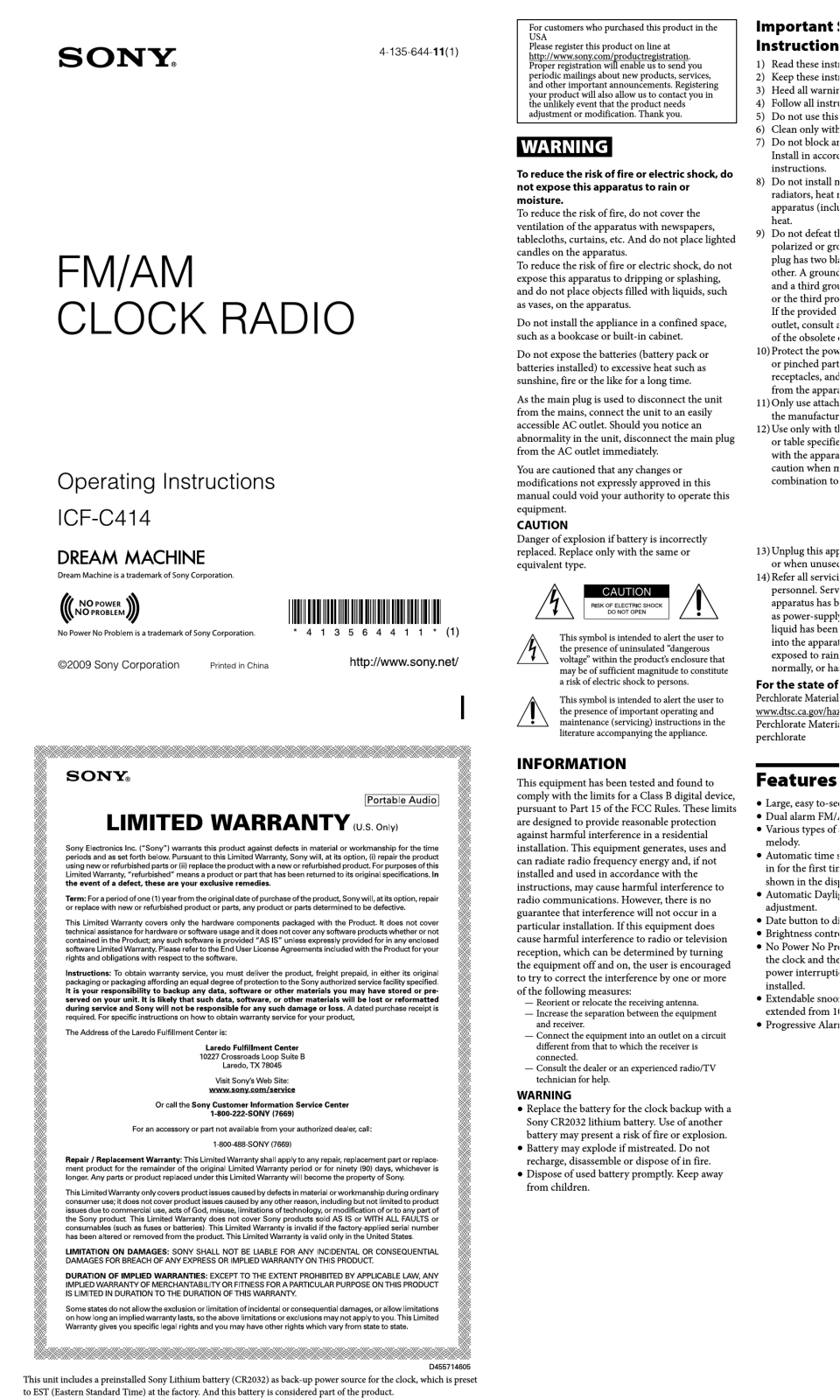 Sony ICF-C414 Operating Instructions