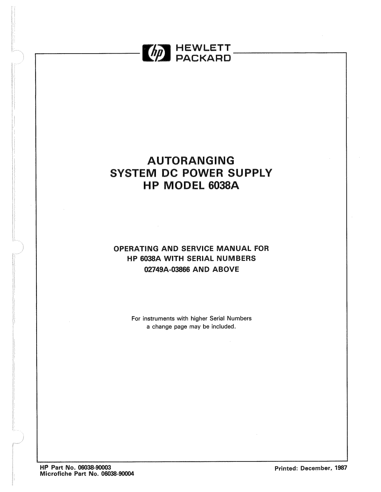 HP (Hewlett-Packard) 6038A User Manual