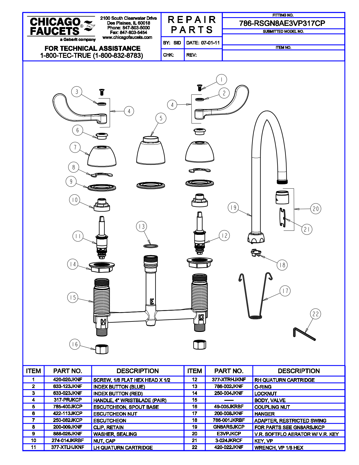 Chicago Faucet 786-RSGN8AE3VP317CP Parts List