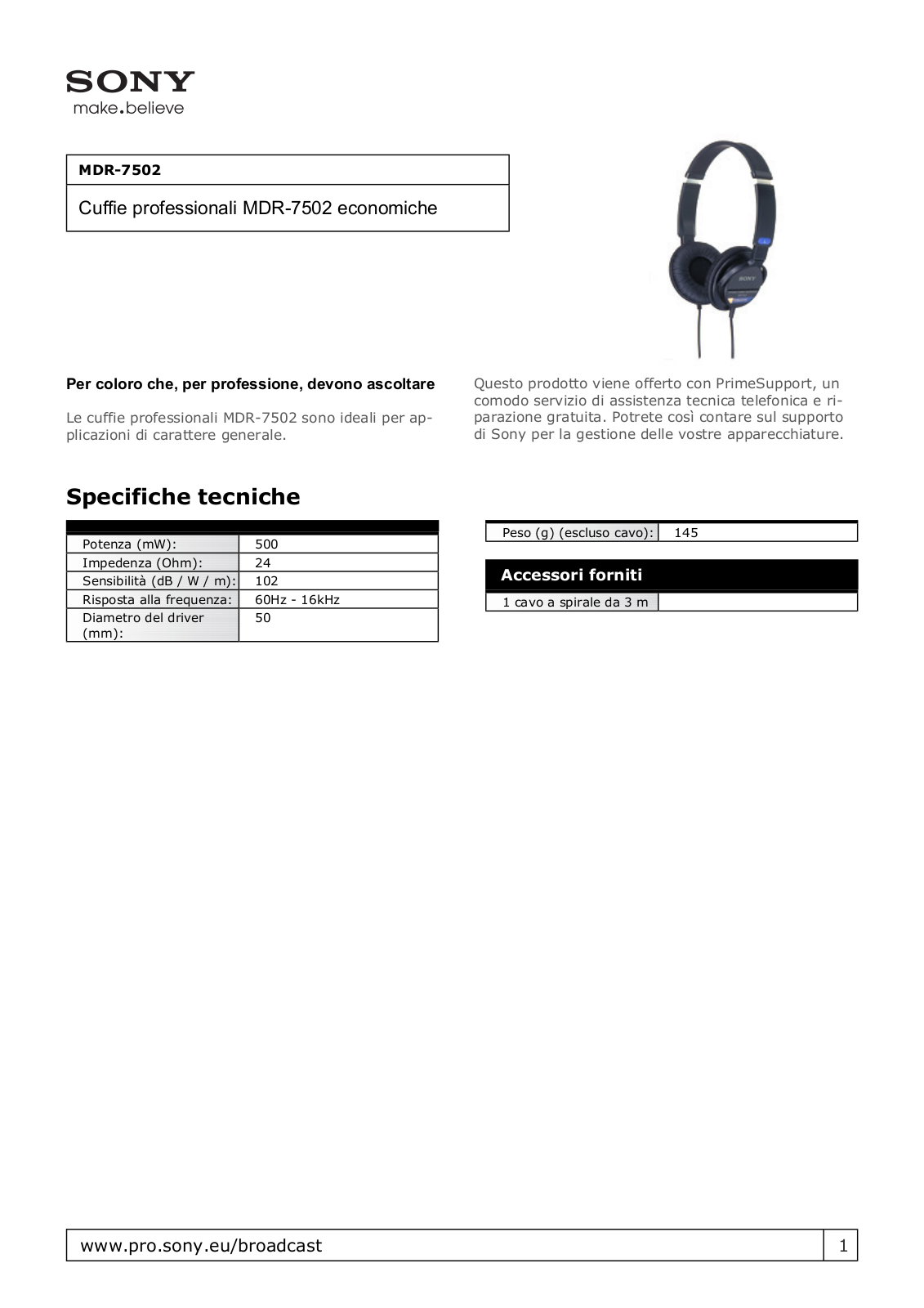 Sony MDR-7502 Specification