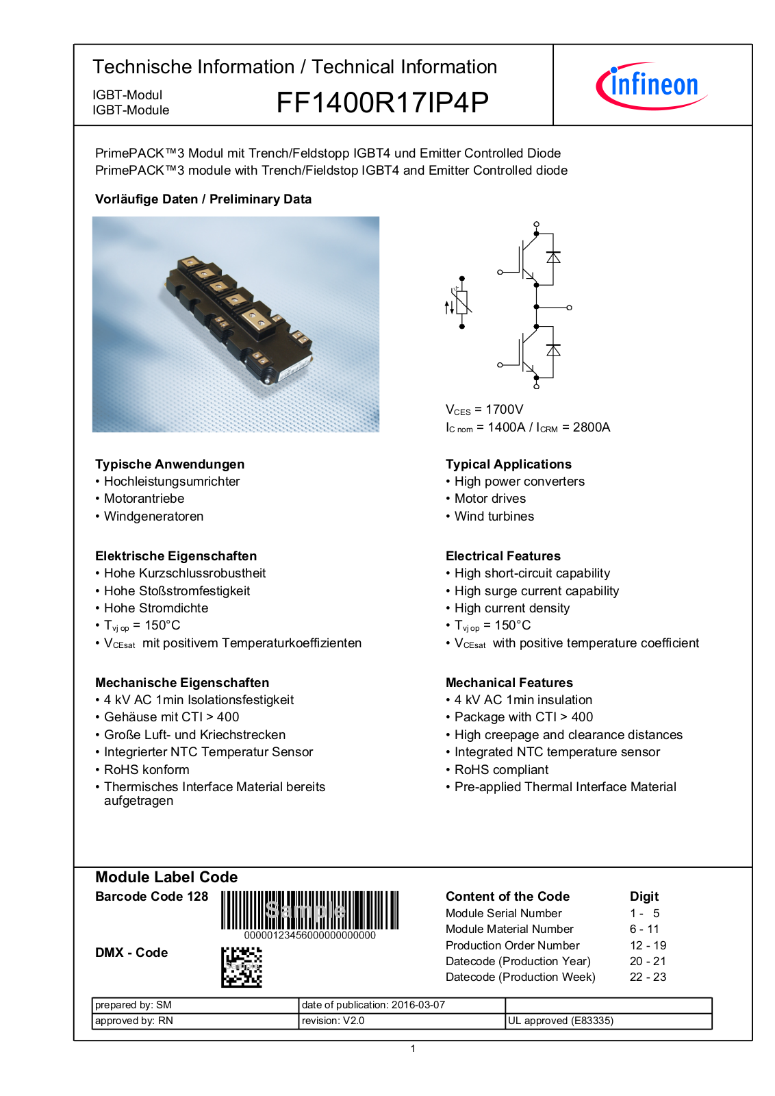 Infineon FF1400R17IP4P Data Sheet