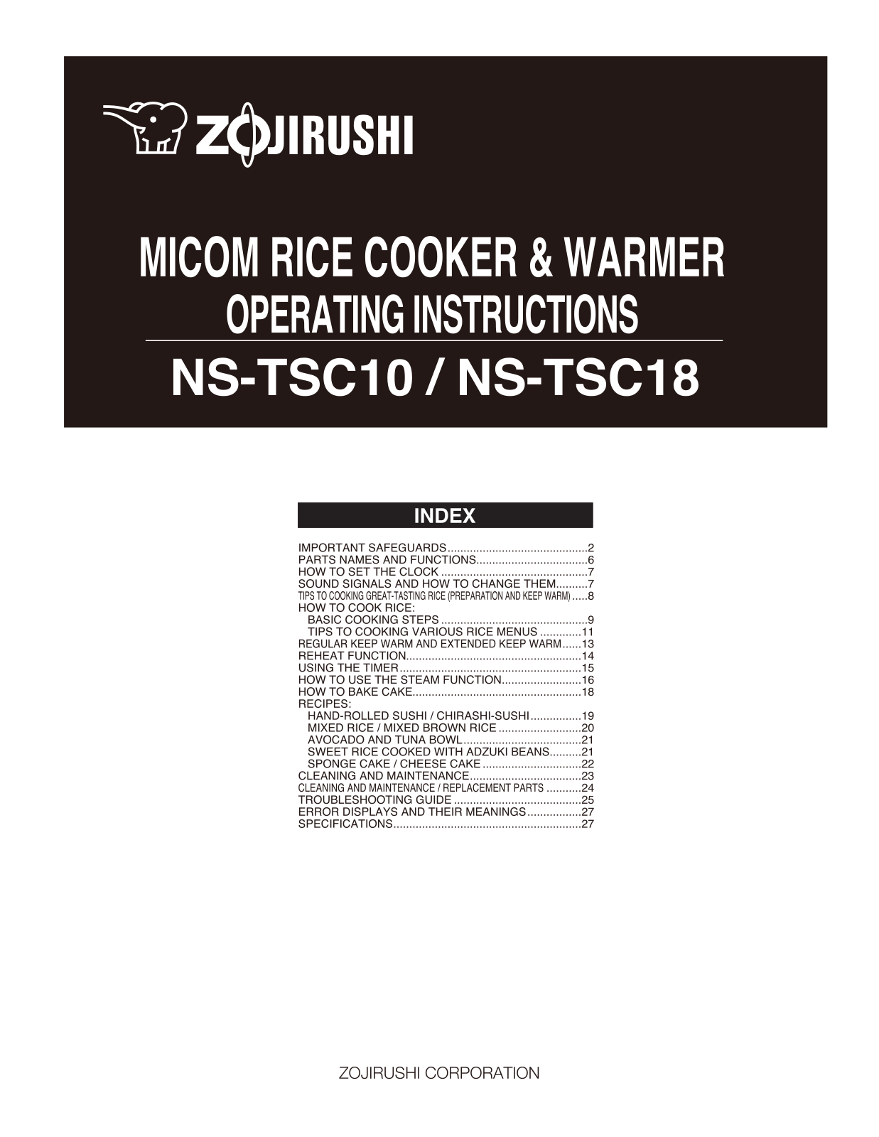 Zojirushi NS-TSC10, NS-TSC18 User Manual