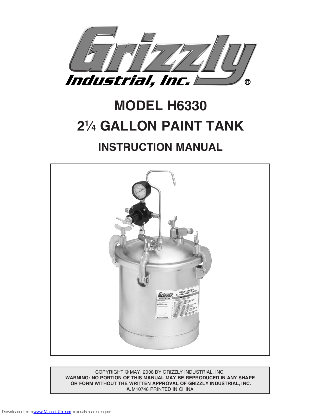 Grizzly 2 1/4 Gallon Paint Tank H6330 Instruction Manual