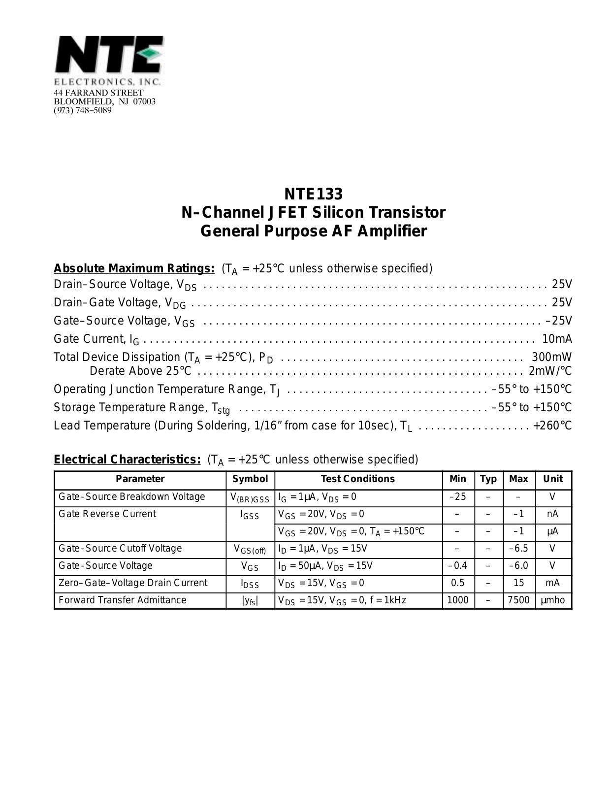 Datasheet NTE133 Datasheet (NTE) - ManualMachine.com