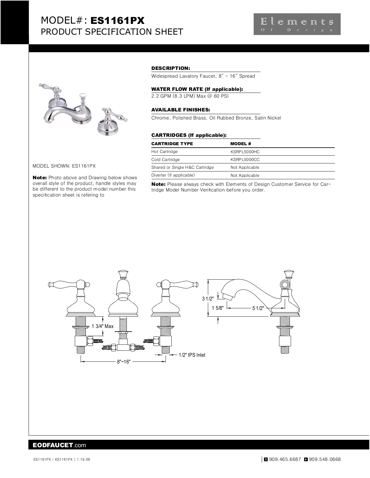 Elements of Design EDE1232 Specification Sheet - ManualMachine.com