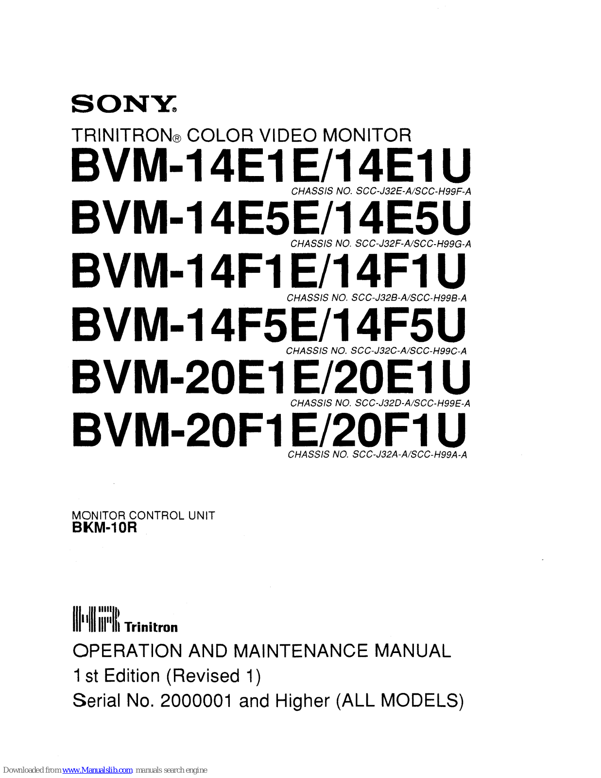 Sony BVM-14E1E, BVM-14E1U, BVM-14F1U, BVM-14F5E, BVM-14F5U Operation And Maintenance Manual