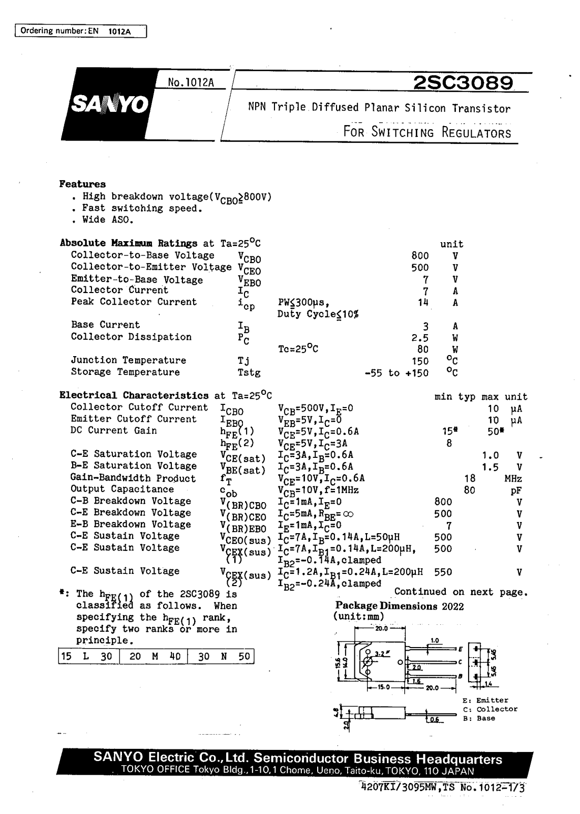 SANYO 2SC3089 Datasheet