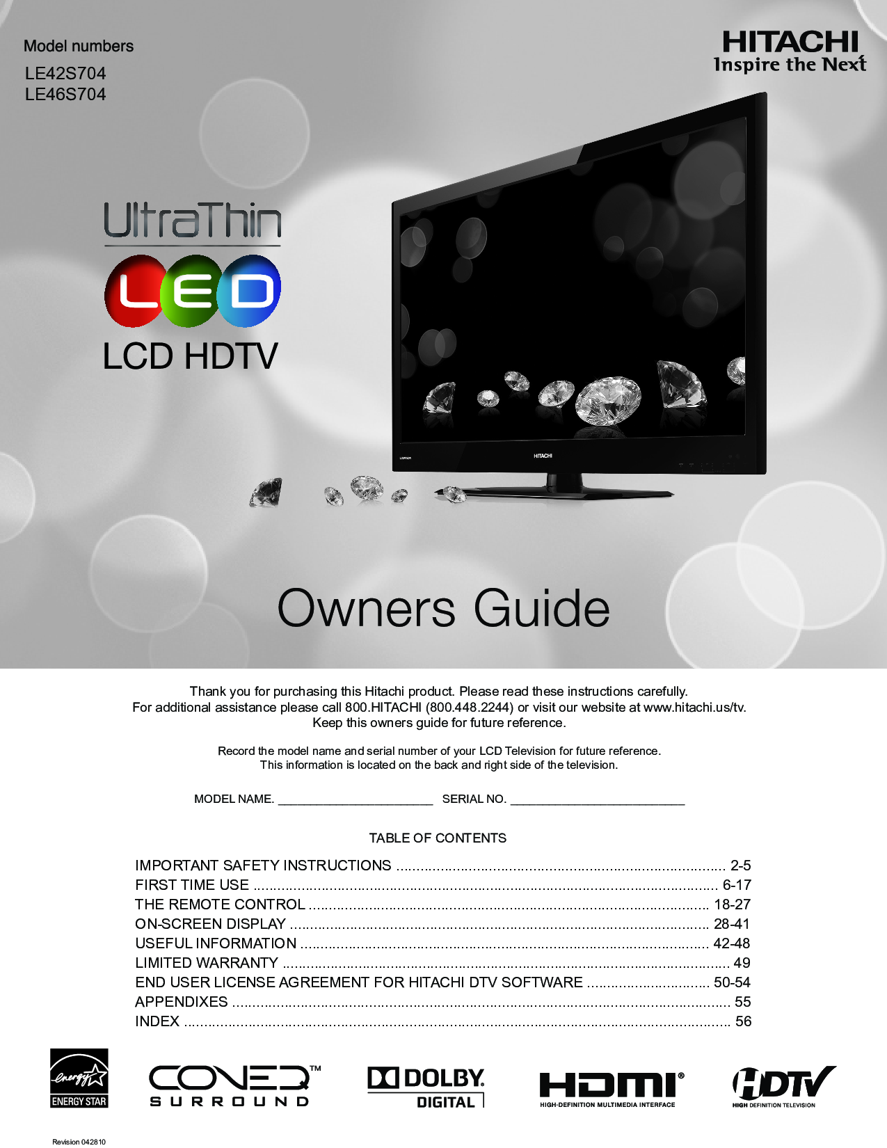Hitachi LE46S704, LE42S704 User Manual