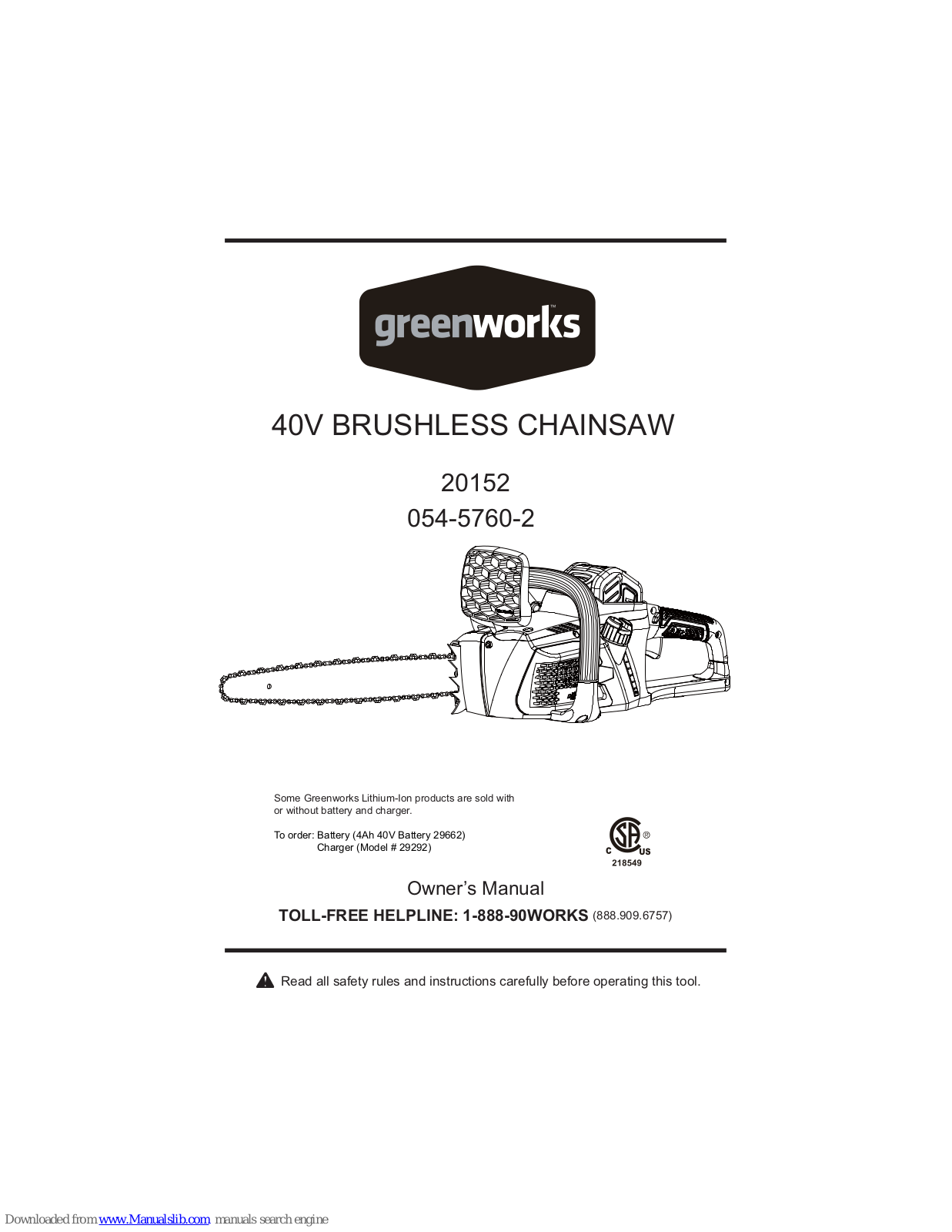 GreenWorks 054-5760-2 Owner's Manual