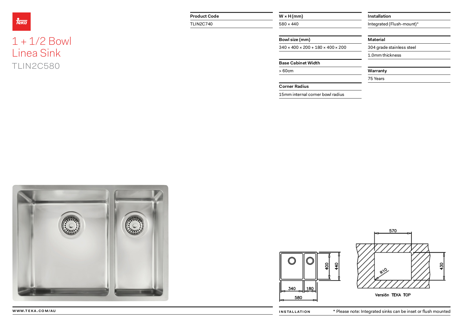 Teka TLIN2C580 Specifications Sheet