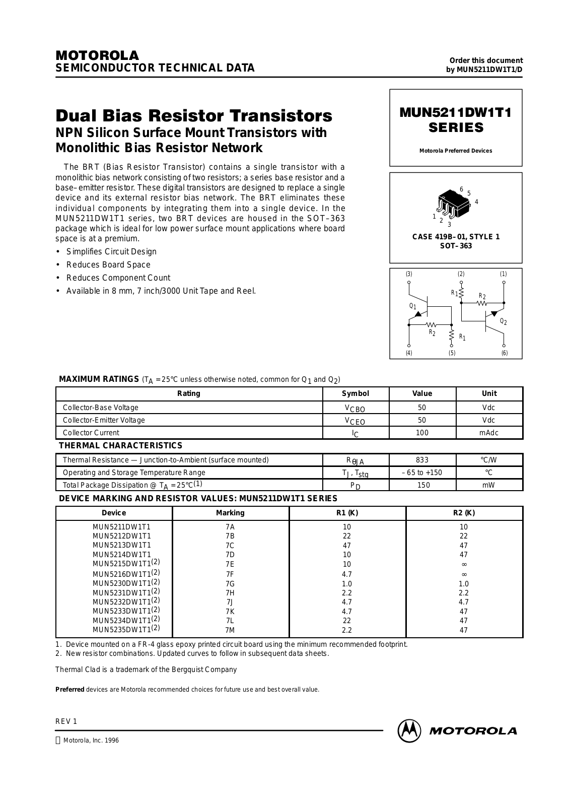 MOTOROLA MUN5234DW1T1, MUN5233DW1T1, MUN5211DW1T1, MUN5216DW1T2 Datasheet