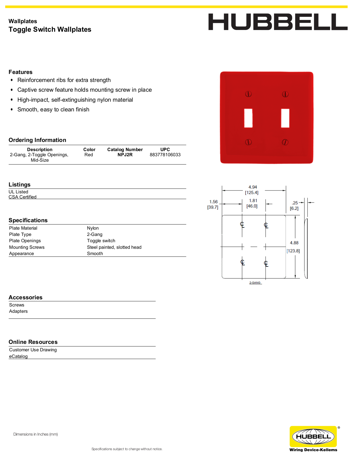 Hubbell NPJ2R Specifications