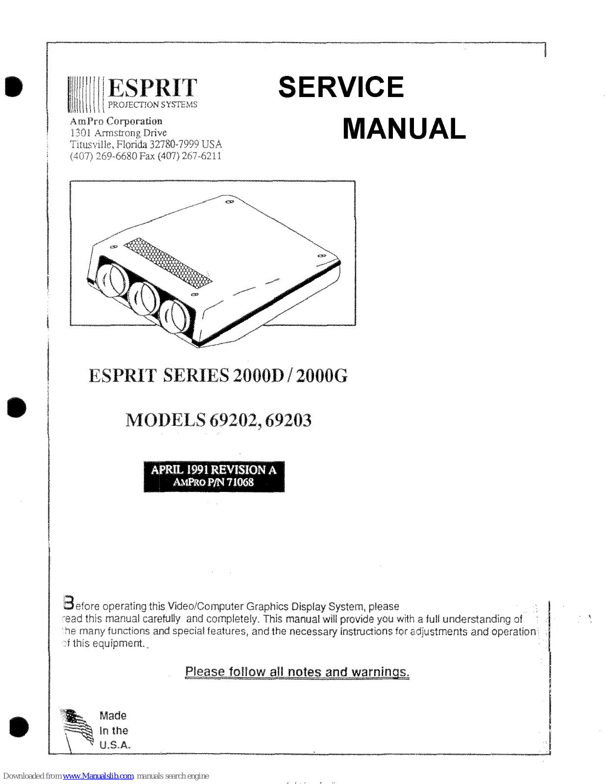 ESPRIT 2000D SERIES, 2000G SERIES, 69202, 69203 Service Manual