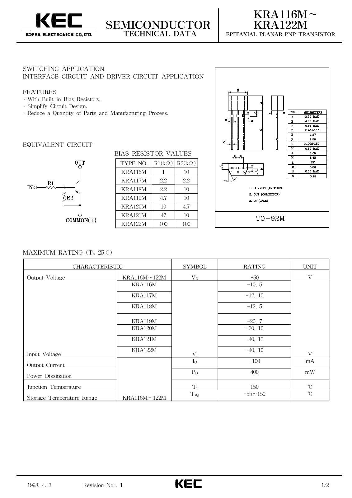 KEC KRA122M, KRA116M, KRA121M, KRA120M, KRA118M Datasheet