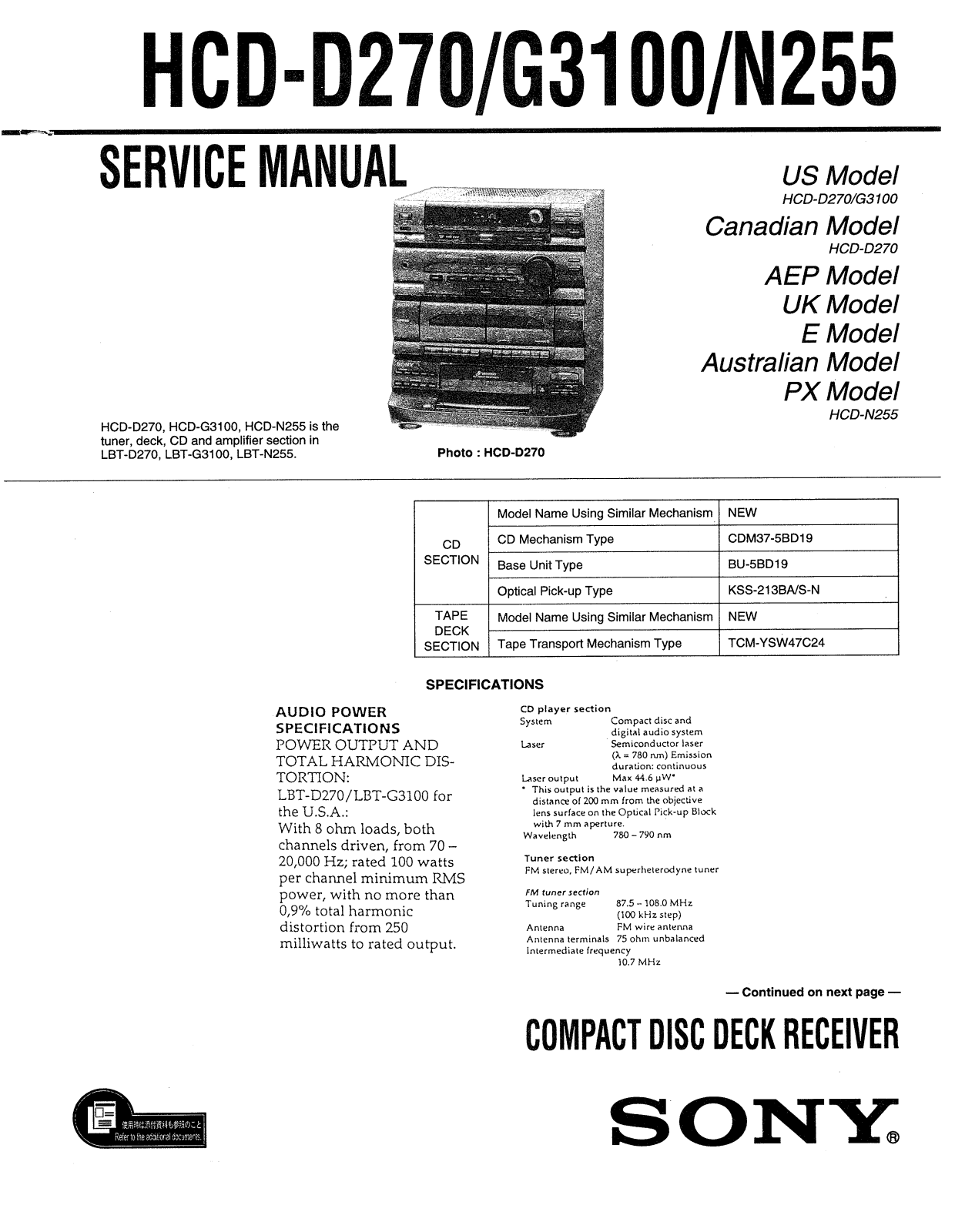 Sony HCD D270, HCD-G3100 Service Manual