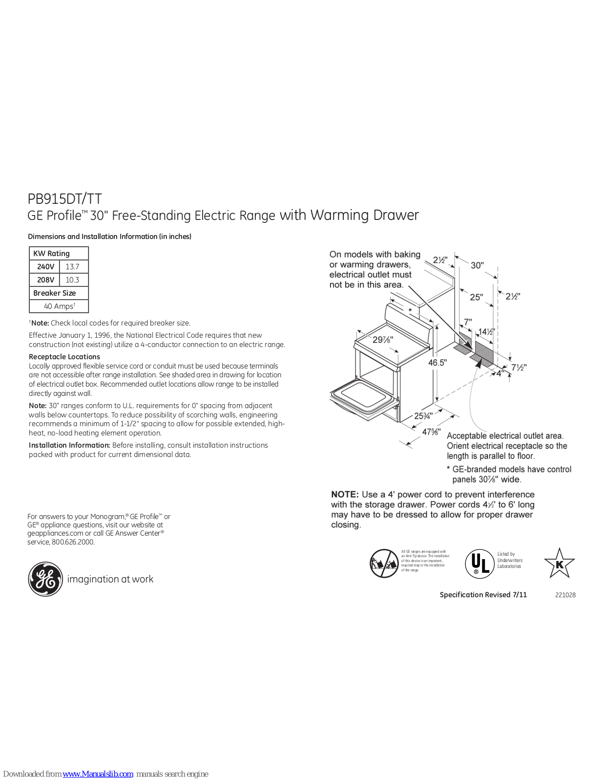 GE Profile PB915DT, Profile PB915TT, Profile PB915DTBB, Profile PB915TTCC, Profile PB915TTWW Dimensions And Installation Information