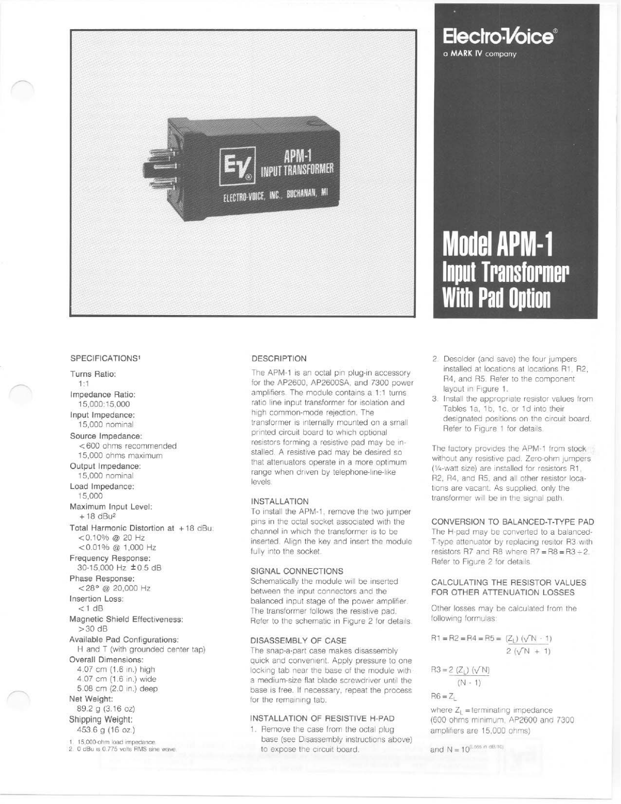 Electro-voice APM-1 DATASHEET