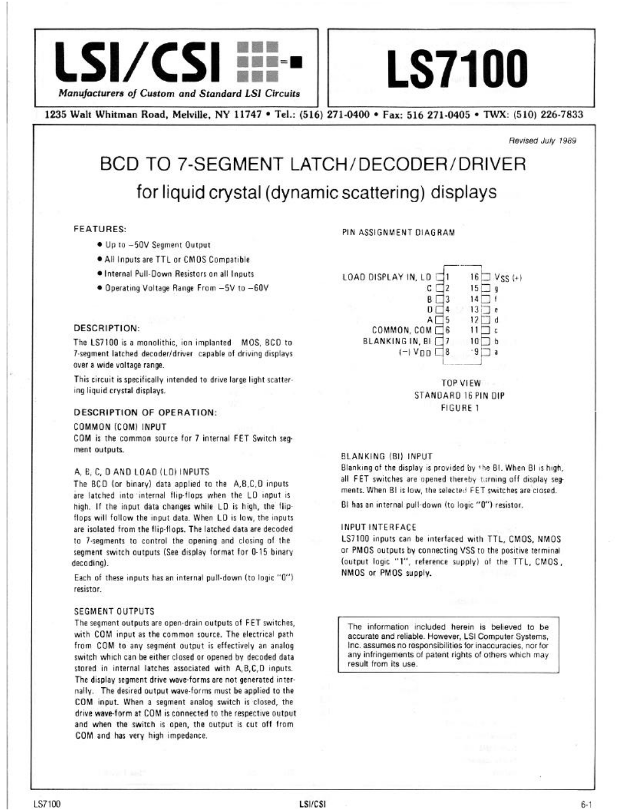 LSI LS7100 Datasheet