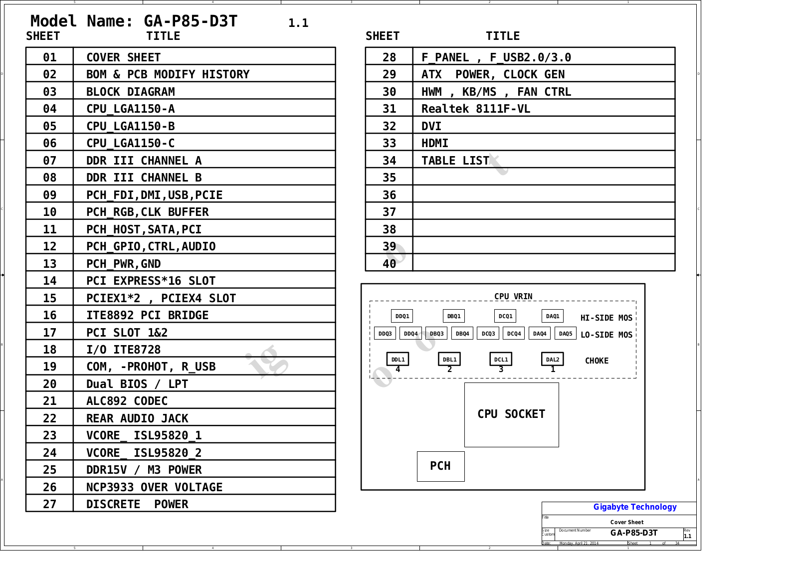 Gigabyte GA-P85-D3T Schematic rev.1.1