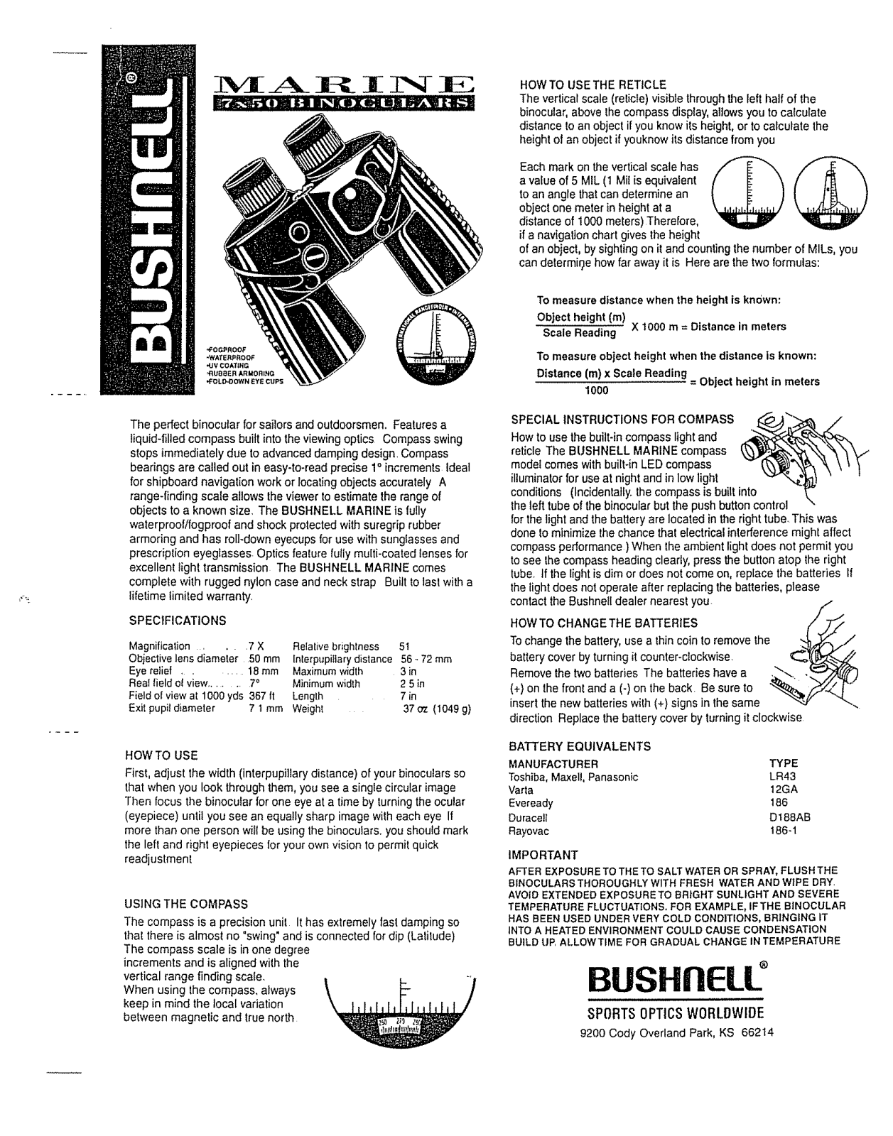 Bushnell Marine 7x50 Instruction Manual