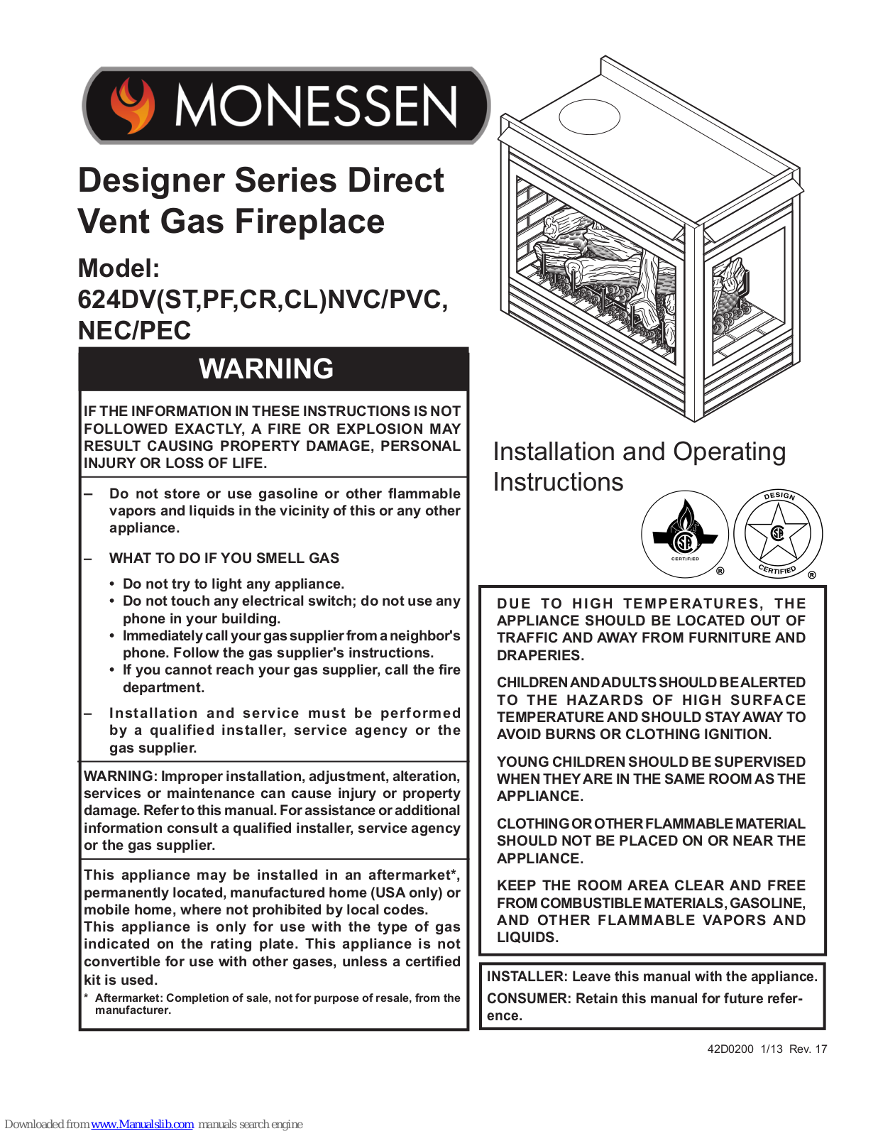 Monessen Hearth 624DVNVC, 624DVNEC, 624DVPEC, 624DVST, 624DVPF Installation And Operating Instructions Manual