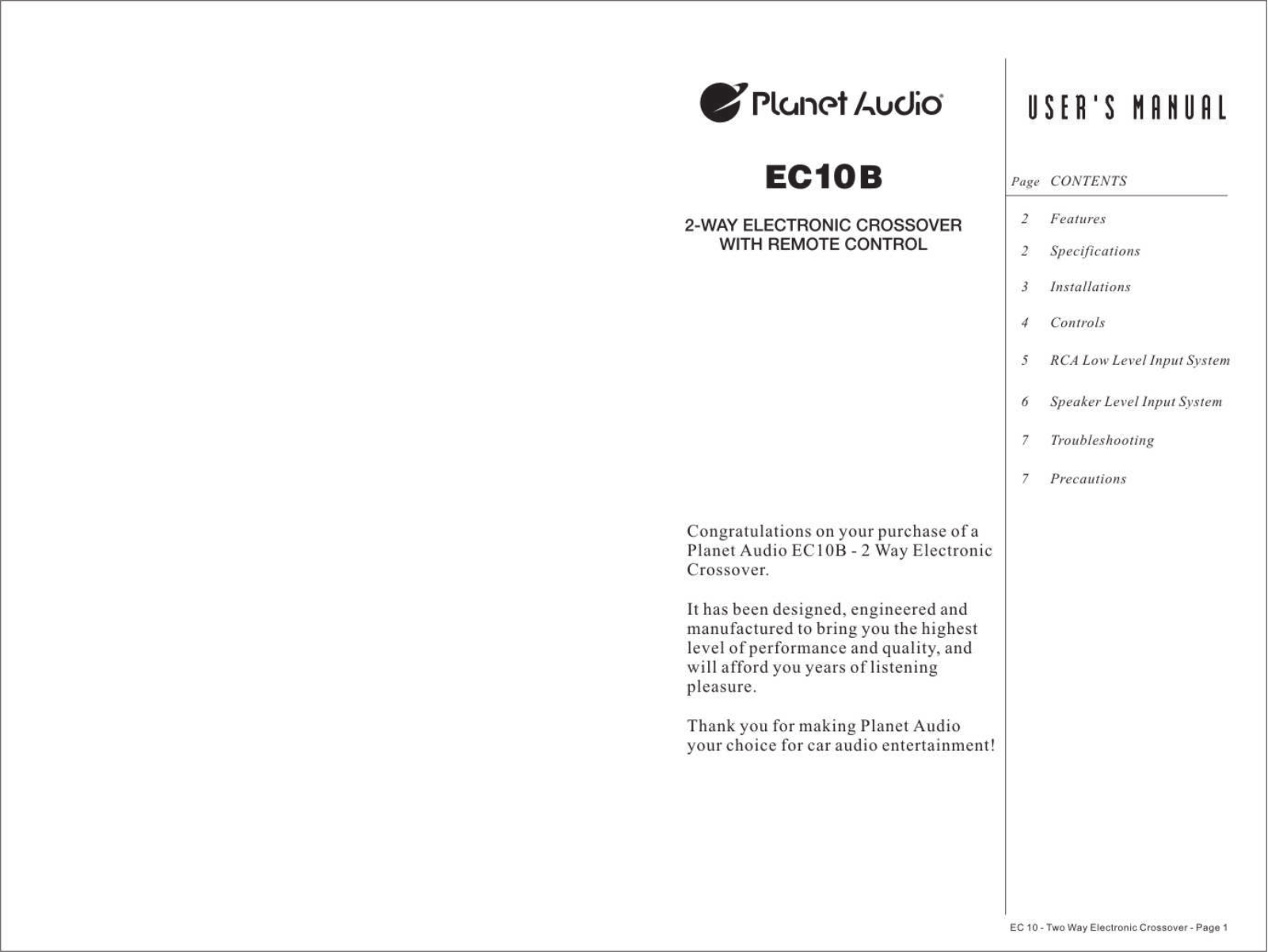 Planet Audio EC10B Users Manual