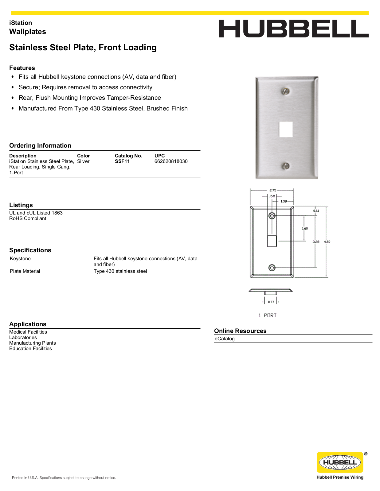 Hubbell SSF11 Specifications