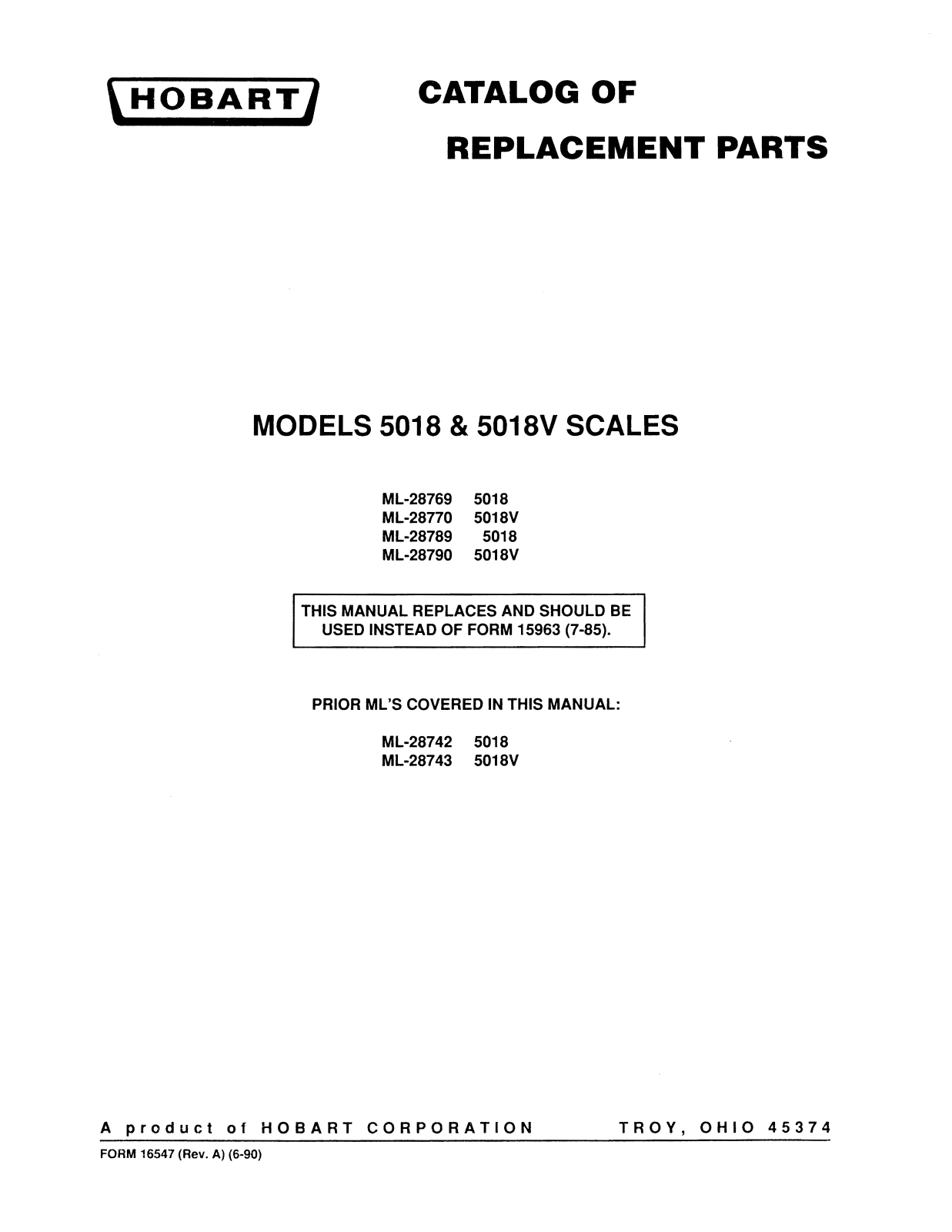 Hobart 5018 Parts List